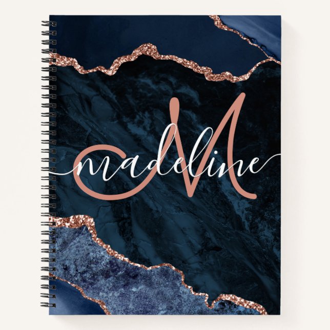 Navy Blue Geode Agate Rose Glitter Monogrammed Not Notebook (Front)