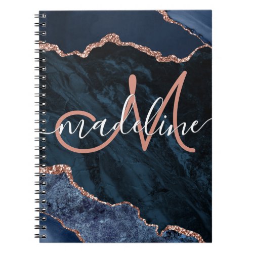 Navy Blue Geode Agate Rose Glitter Monogrammed Notebook