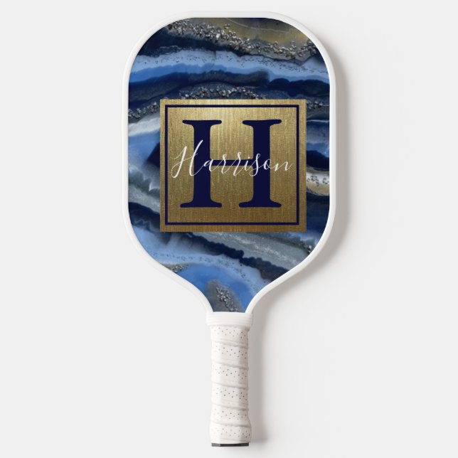 Navy Blue Geode Monogram & Name Customizable Pickleball Paddle (Front)