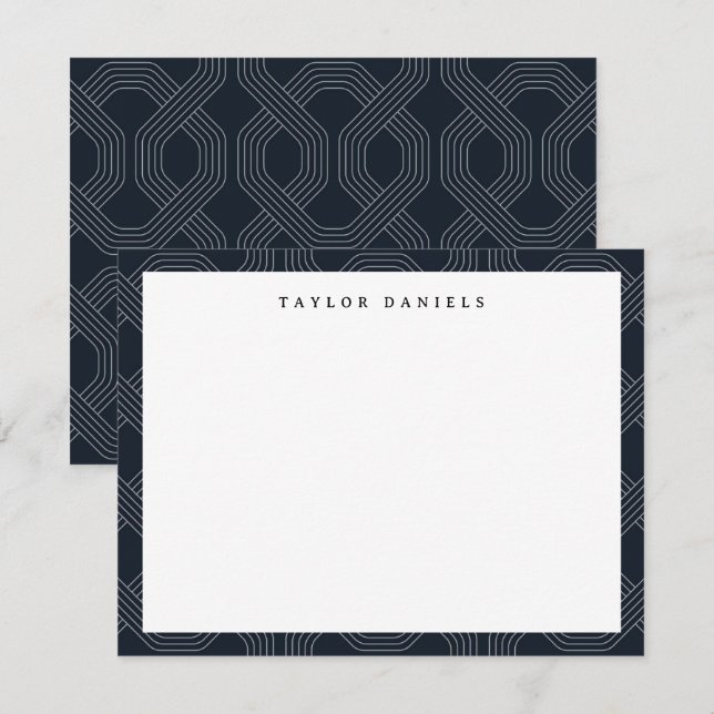 Navy Blue Geometric Chain Pattern Flat Note Card (Front/Back)