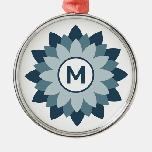 Navy Blue Geometric Floral Medallion Abstract Metal Ornament