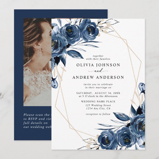 Navy Blue Geometric Floral QR Code & Photo Wedding Invitation (Front/Back)