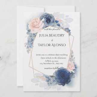 Navy Blue Geometric Floral Wedding Invitation