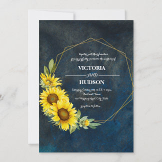 Navy Blue & Geometric Gold Sunflowers Invitation