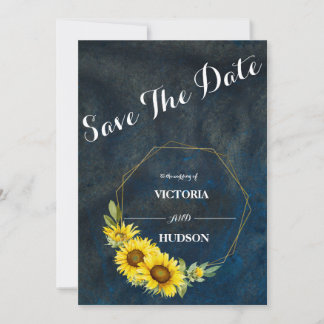 Navy Blue & Geometric Gold Sunflowers Save The Date