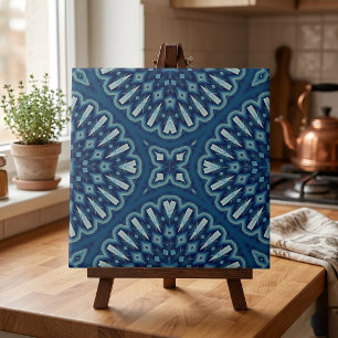 Navy Blue Geometric Kaleidoscope Mosaic Pattern Ceramic Tile