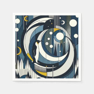 Navy Blue Geometric Night With Moon and Penguin Napkins