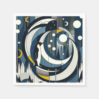Navy Blue Geometric Night With Moon and Penguin Napkins