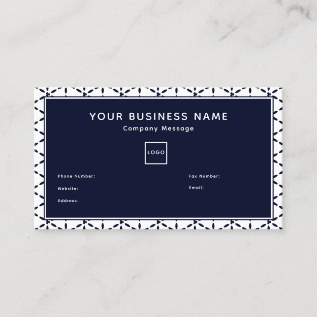 Navy Blue Geometric Pattern on White Business Card (Front)