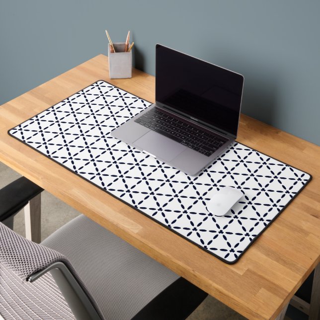 Navy Blue Geometric Pattern on White Desk Mat (Office 2)