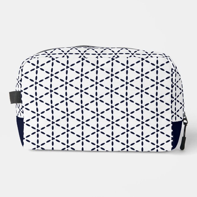 Navy Blue Geometric Pattern on White Dopp Kit (Front)