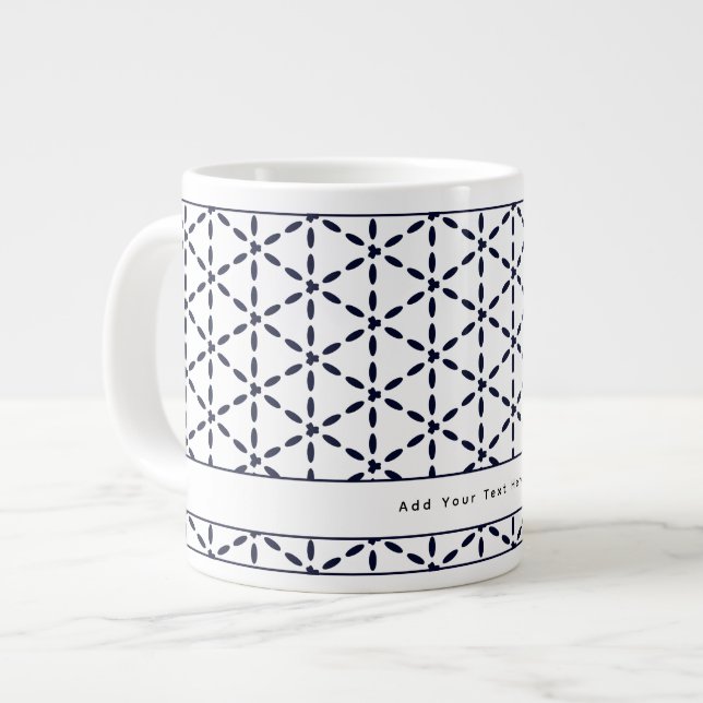 Navy Blue Geometric Pattern on White Giant Coffee Mug (Front Left)