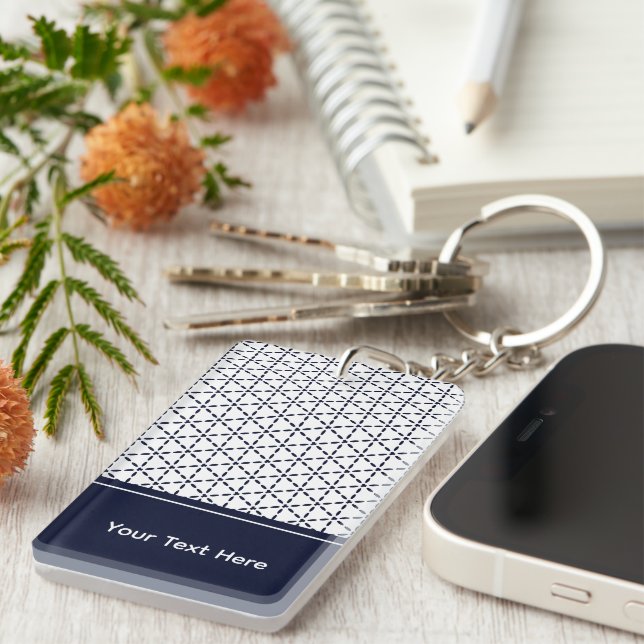 Navy Blue Geometric Pattern on White Keychain (Front Right)