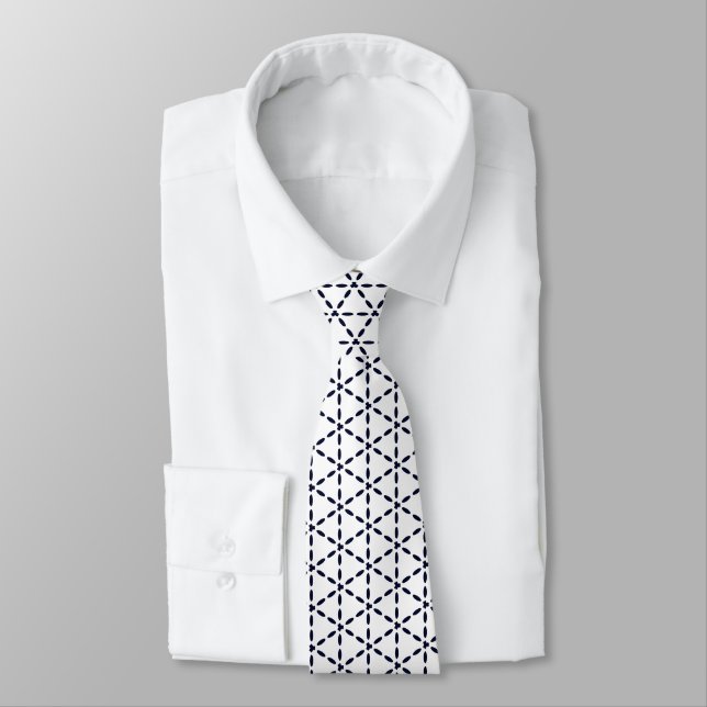 Navy Blue Geometric Pattern on White Neck Tie (Tied)