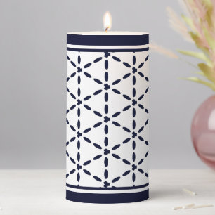 Navy Blue Geometric Pattern on White Pillar Candle
