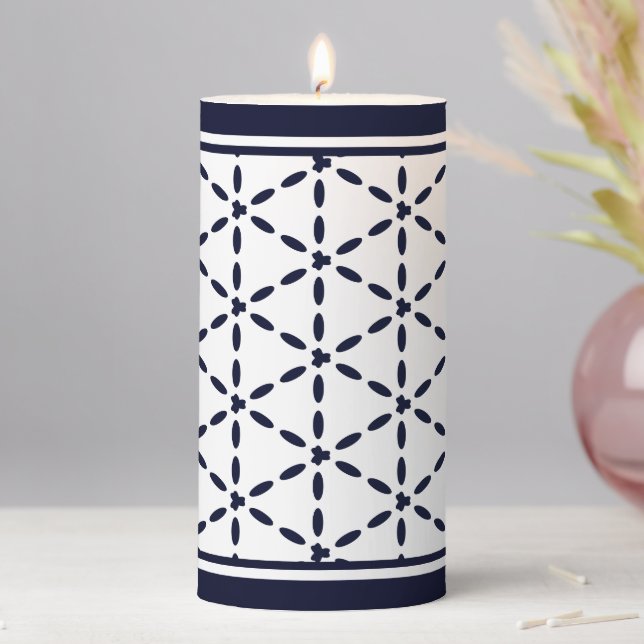 Navy Blue Geometric Pattern on White Pillar Candle (In Situ)