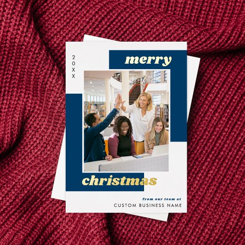 Navy Blue Geometric Team Photo Business Real Gold Foil Holiday Card