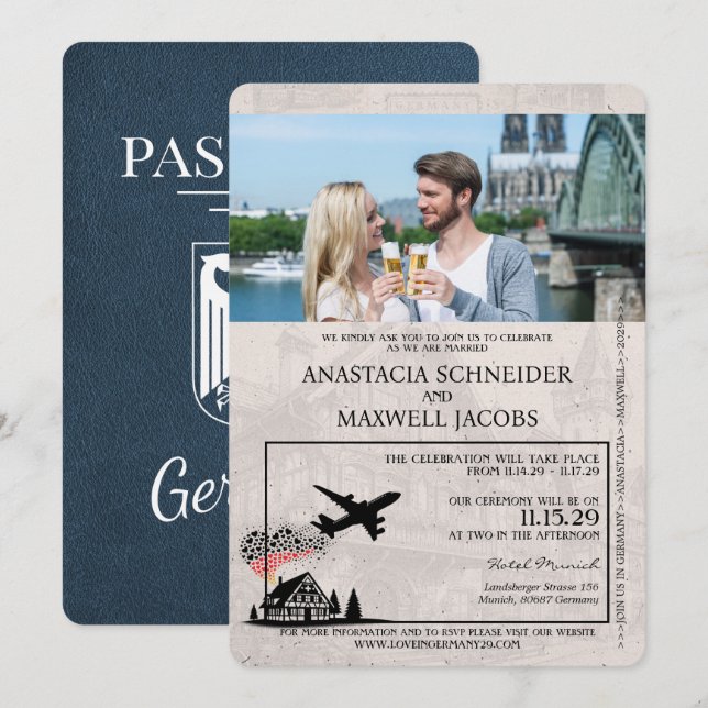 Navy Blue Germany Passport Wedding Invitation (Front/Back)