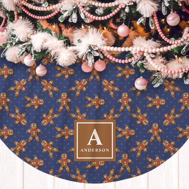 Navy Blue Gingerbread Man Monogram Christmas Brushed Polyester Tree Skirt (Creator Uploaded)