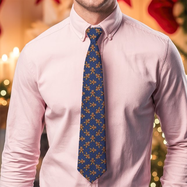 Navy Blue Gingerbread Man Polka Dot Christmas Neck Tie (Creator Uploaded)