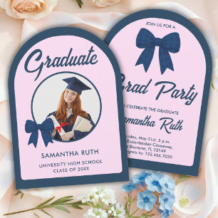 Navy Blue Gingham Bow Arch Photo Graduation Party Invitation