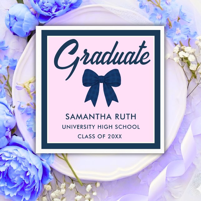 Navy Blue Gingham Bow Graduation Party Napkins (Creator Uploaded)