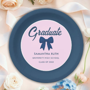 Navy Blue Gingham Bow Graduation Party Paper Plates