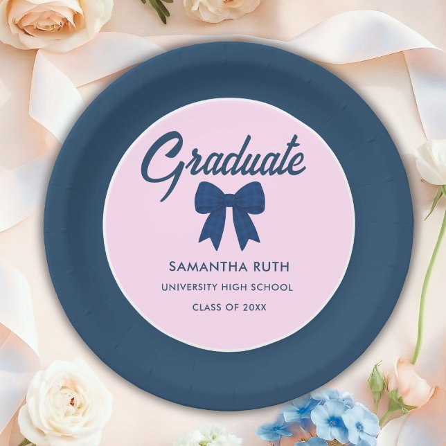 Navy Blue Gingham Bow Graduation Party Paper Plates (Creator Uploaded)