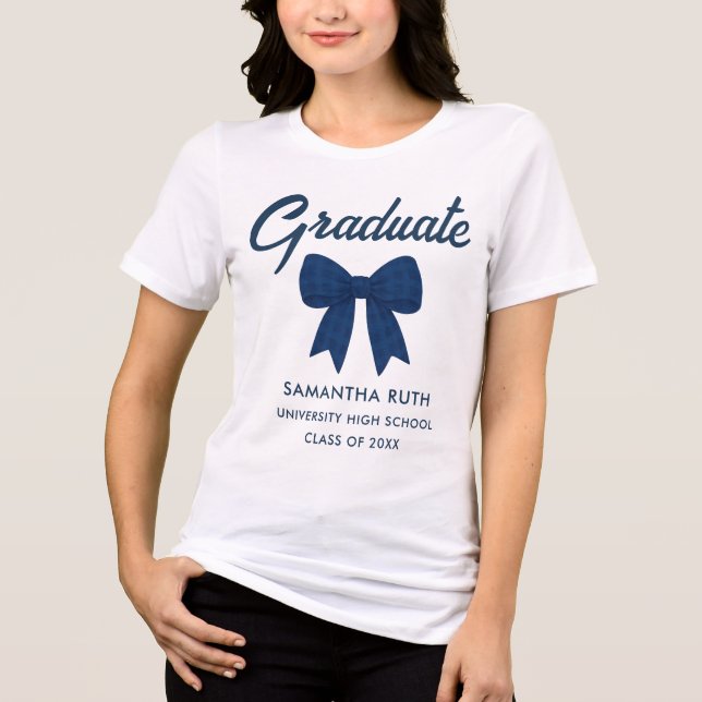 Navy Blue Gingham Bow Graduation Tri-Blend Shirt (Front)