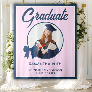 Navy Blue Gingham Bow Photo Graduation Backdrop