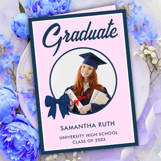 Navy Blue Gingham Bow Photo Graduation  Card (Creator Uploaded)