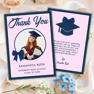 Navy Blue Gingham Bow Photo Graduation Thank You Card