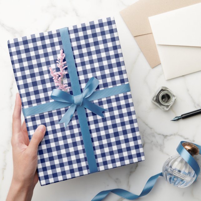 Navy Blue Gingham Check Pattern  Wrapping Paper (Gifting)