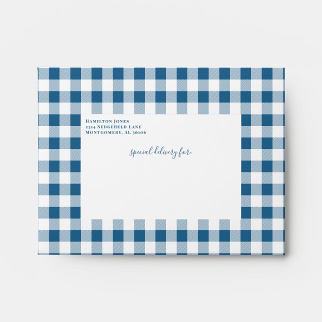 Navy Blue Gingham Check Personal Stationery Envelope (Front)