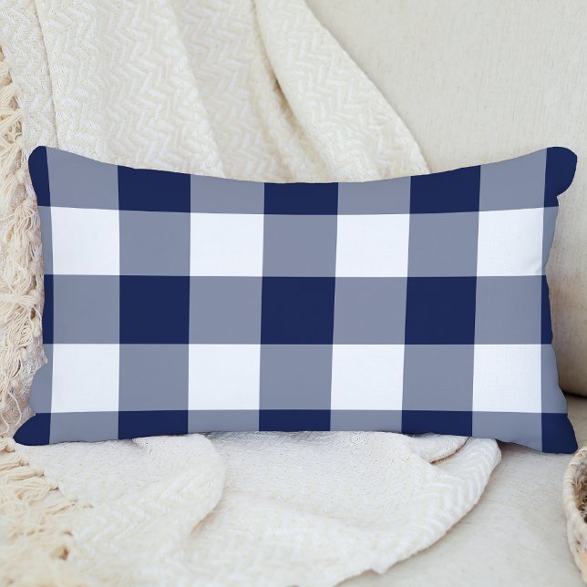Navy Blue Gingham Check Plaid Pattern Lumbar Pillow (Creator Uploaded)