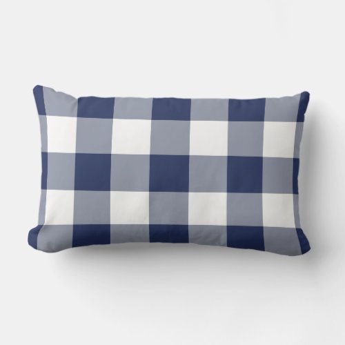 Navy Blue Gingham Check Plaid Pattern Lumbar Pillow