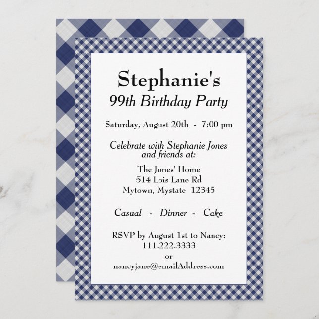 Navy Blue Gingham Checks Pattern For All Occasions Invitation (Front/Back)