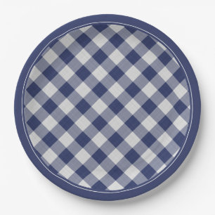 Navy Blue Gingham Checks Pattern Simple Plaid Paper Plates
