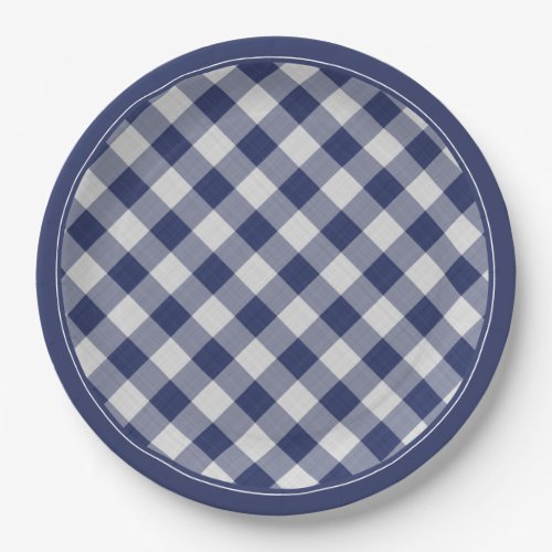 Navy Blue Gingham Checks Pattern Simple Plaid Paper Plates