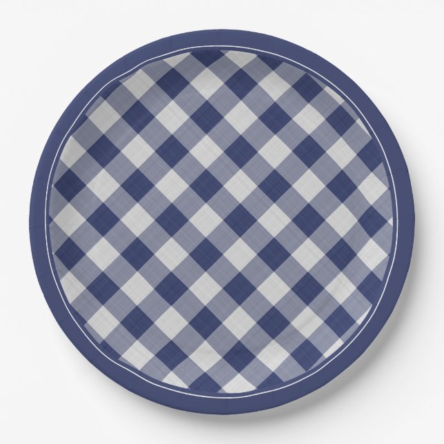 Navy Blue Gingham Checks Pattern Simple Plaid Paper Plates (Front)