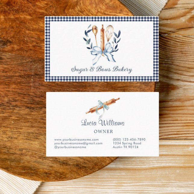 Navy Blue Gingham Coquette Bow Utensils Bakery Business Card (Navy Blue Coquette bow Utensils cooking business card)