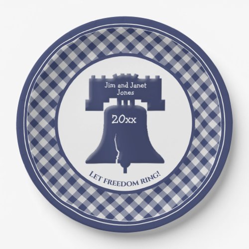 Navy Blue Gingham Liberty Bell Let Freedom Ring Paper Plates