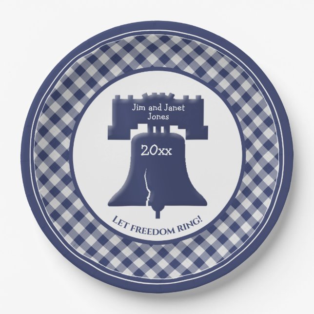 Navy Blue Gingham Liberty Bell Let Freedom Ring Paper Plates (Front)