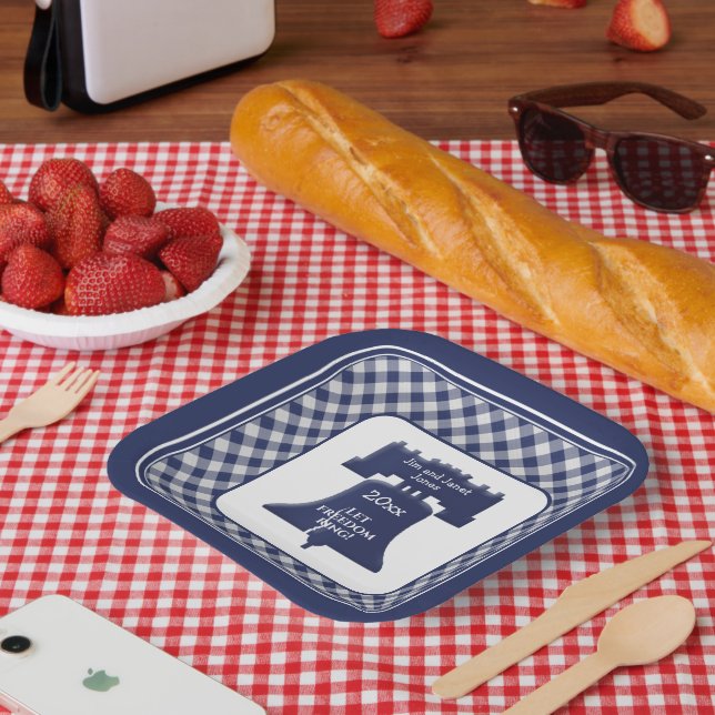 Navy Blue Gingham Liberty Bell Let Freedom Ring Paper Plates (Picnic)