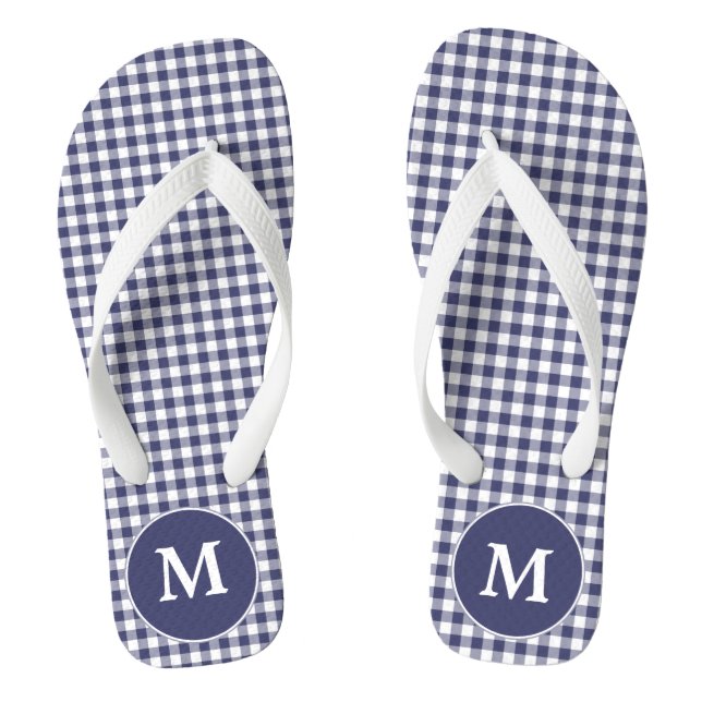 Navy Blue Gingham Monogrammed Flip-flops Flip Flops (Footbed)
