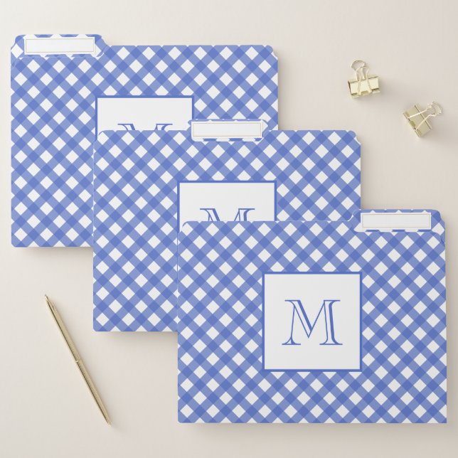 Navy Blue Gingham Pattern monogram File Folder (Set)