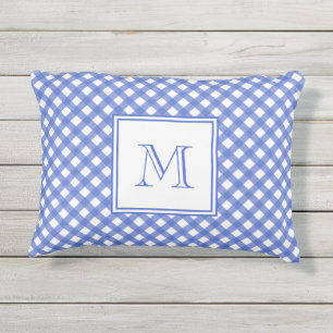 Navy Blue Gingham Pattern Monogram Outdoor Pillow