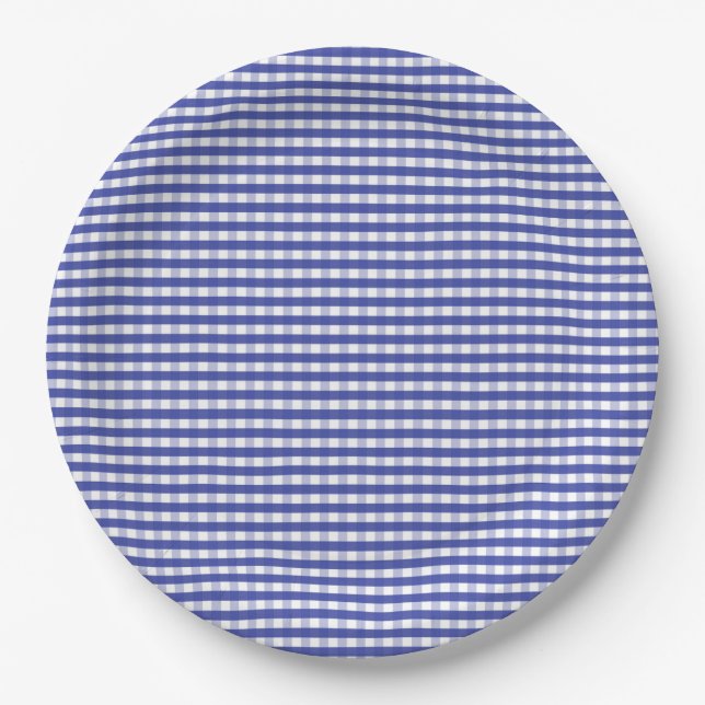 Navy Blue Gingham Pattern Paper Plates (Front)