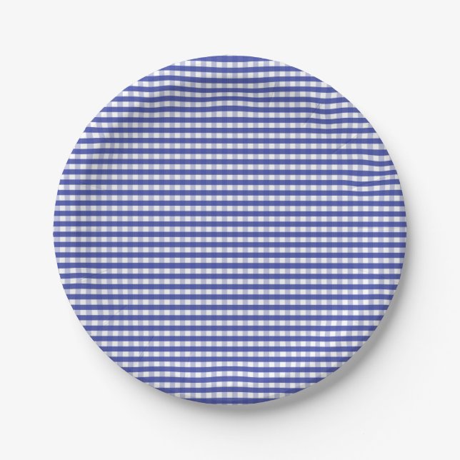 Navy Blue Gingham Pattern Paper Plates (Front)