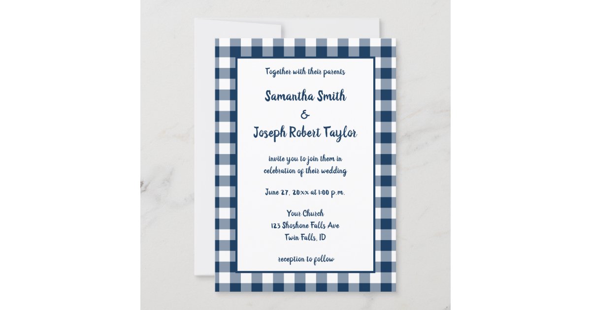Navy Blue Gingham Pattern Wedding Invitation Zazzle